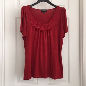 Elementz Women’s Top L Red Short Sleeves Soft Tee Lace Decorative Neckline